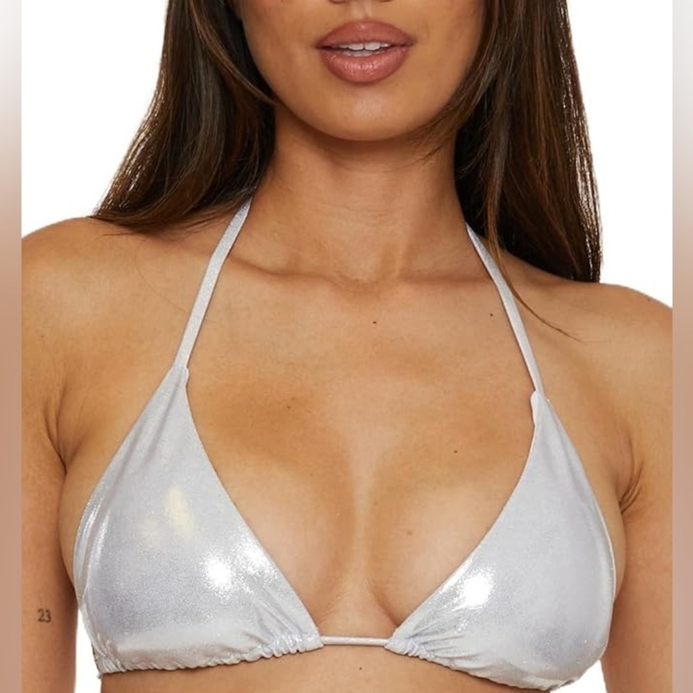 BECCA Women's Standard Liquid Metal Triangle Bikini Top, Adjustable, White, Med